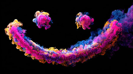A vibrant smile shape is created with swirling clouds of colorful smoke. The composition features vivid hues of pink, blue, and yellow against a stark black backdrop. This artwork utilizes digital art techniques, appearing to float with dynamic movement. Suitable for various creative and illustrative applications.の素材
