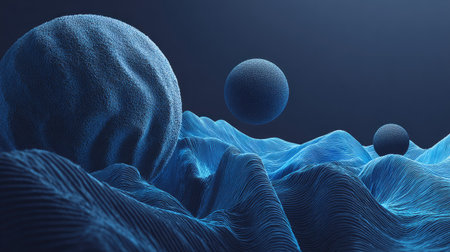 This abstract artwork showcases a series of textured blue spheres floating above a stylized landscape. The composition utilizes a dark blue background creating depth. The style conveys a modern visual aesthetic with potential applications for graphic design and digital media projects.の素材