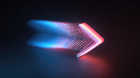 An arrow shape constructed from neon lights is displayed against a dark backdrop. The visual features vibrant red and blue hues, creating a dynamic effect. The composition uses blurred lines suggesting movement. This image could be suitable for digital art, advertising, or conveying directional concepts.の素材