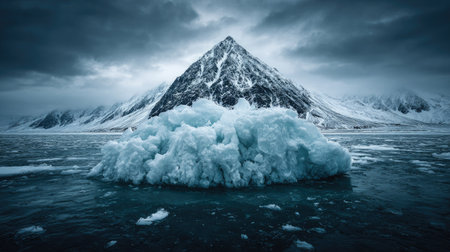 An iceberg dominates the foreground, its icy surface reflecting a moody atmosphere. Snow-covered mountains rise in the distance beneath a stormy sky. The scene is characterized by cool tones and dramatic lighting. This image may be suitable for illustrating concepts of climate, environment, or travel.の素材