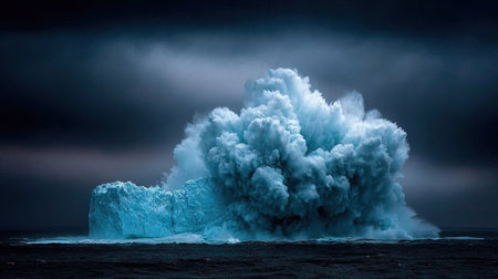 An iceberg appears to explode in a dynamic image, with an immense cloud of ice and water. The composition highlights contrasting textures and tones, with cool blues and whites against a brooding dark sky. This scene, depicting the force of nature, could be useful for environmental, scientific, or editorial projects.の素材