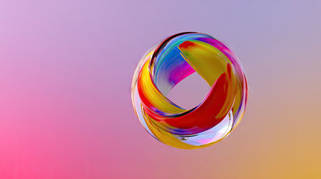 A vibrant abstract composition displays a swirling, multi-colored form against a smooth gradient background. The design features a mix of glossy textures and bold hues. This artwork could be used in various commercial applications, including website design, advertising campaigns, and print media.の素材