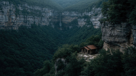 An aerial perspective shows a small building nestled amongst lush green vegetation on a canyon wall. A waterfall cascades in the distance, while a moody atmosphere is created with muted greens and grays. The image could be suitable for travel, nature, or environmental themed articles and advertising.の素材