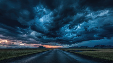 An open road stretches toward a darkened, ominous sky filled with dense clouds. The image displays a gradient of colors from dark blues and grays to the lighter tones of a possible sunset. This atmospheric scene can be used for various purposes, including editorial content or as a background illustration.の素材