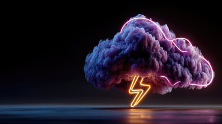 An artistic rendering features a cloud formation illuminated by a neon outline and lightning. The image displays a gradient of colors from pink to purple, set against a dark backdrop. This composition could be used for various projects, including technology concepts and abstract design presentations.の素材