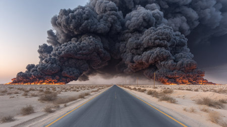 An asphalt road stretches into a vast desert landscape dominated by a huge plume of dark smoke. The visual contrast is stark, with the road and foreground in muted tones set against the dramatic, billowing cloud formation. The overall composition suggests a sense of environmental concern and can be used for various commercial or editorial applications.の素材