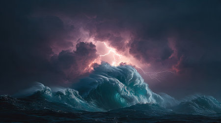 This image depicts a stormy ocean with large waves under a dark, cloud-filled sky. The scene is illuminated by striking lightning flashes, highlighting the texture and movement of the water. The composition showcases a dynamic interplay of light and shadow, suitable for various editorial and commercial applications. The dramatic effect emphasizes the power of nature.の素材