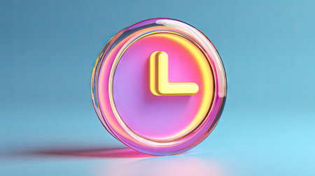 This image features a vibrant clock icon with a translucent outer layer and a gold-colored time indicator. The design incorporates shades of pink, purple, and yellow against a light blue backdrop, offering a smooth, glossy texture and artistic lighting. The image may be used in various applications, including digital content and marketing materials.の素材