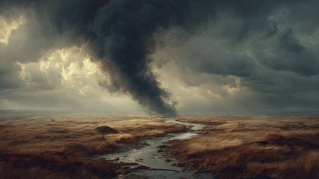 A dark tornado descends from heavy storm clouds over a barren terrain. The image showcases a contrast of light and shadow, with a dynamic composition. It features a muted color palette, highlighting the dramatic impact of a natural phenomenon. Suitable for editorial purposes or to convey concepts of environmental change.の素材