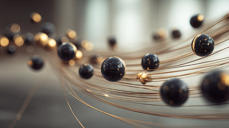 This image presents a conceptual arrangement of dark spheres and fine, interwoven lines against a soft, blurred background. The composition employs a shallow depth of field, highlighting the primary elements with a subtle play of light and shadow. The artwork evokes a sense of flow and connection, suitable for a variety of creative applications.の素材