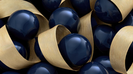This image features numerous dark blue spheres intertwined with golden ribbons. The composition is arranged in an abstract manner, with a close-up perspective and soft lighting, creating a sense of depth and texture. Suitable for various commercial uses, including artistic backgrounds and graphic design projects.の素材