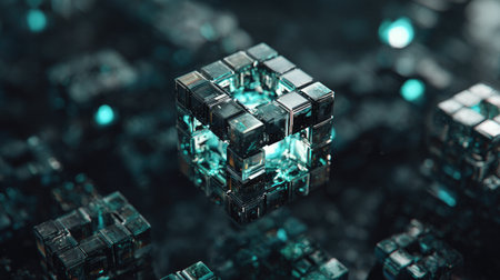 A complex, metallic cube is the focal point, exhibiting a bright, turquoise core. It is surrounded by similar, smaller objects with blurred edges, suggesting a technological environment. The composition utilizes a dark color palette, possibly indicating nighttime or an indoor setting. This image could be suitable for scientific, tech, or design-related content.の素材
