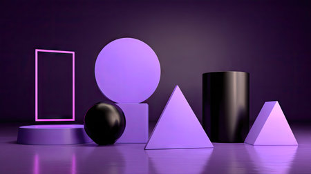 An artistic arrangement features various geometric forms including spheres, cubes, and cylinders in contrasting colors. The objects are set against a dark background, with soft lighting enhancing textures. This image may be used for design projects, marketing materials, or visual concepts needing a modern aesthetic.の素材