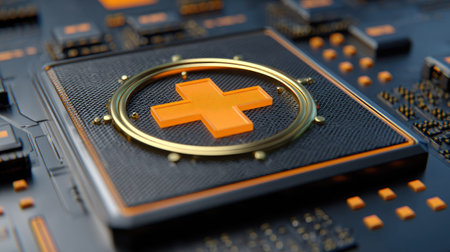 This image showcases a close-up of a digital circuit board with a prominent orange cross symbol. The design features a contrasting color scheme and intricate details. This high-tech visual could be suitable for various commercial applications, including technological advancements and digital health concepts.の素材