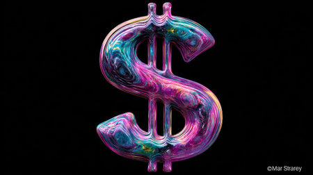 A vibrant dollar sign, rendered in a swirling pattern of blues, purples, and greens, floats against a black background. The image showcases a glossy, reflective texture and dynamic lighting effects. This visual could be used in various commercial applications, including financial illustrations and design projects.の素材