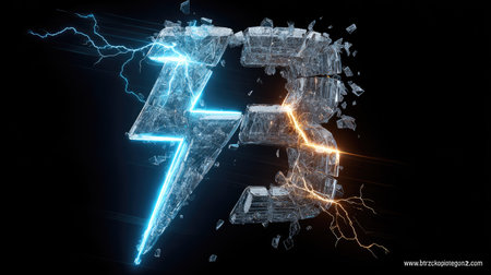 An artistic digital composition presents a fragmented metallic number three with a lightning bolt. Vivid blue and orange energy arcs across the image. The style is modern, with a dark background to emphasize the illuminated elements, hinting at themes of technology and energy. Suitable for advertising and illustrative projects.の素材