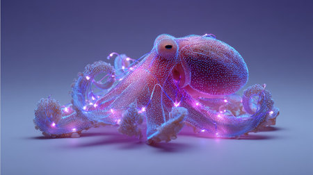 A digital octopus is rendered in a futuristic, artistic style, set against a soft, gradient background. The image features a translucent body with internal lighting, creating a vibrant, glowing effect. The composition uses soft lighting and a limited color palette. Suitable for various creative projects, including digital art or illustrations.の素材