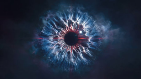 An artistic representation showcases the human eye, rendered in vivid blue and red hues with exceptional detail. The complex structure is set against a dark, atmospheric backdrop, enhancing the visual impact. This image could be suitable for scientific publications, educational materials, or creative projects that explore themes of vision and perception.の素材
