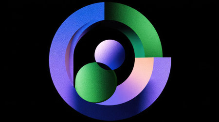 A digitally rendered abstract design showcases overlapping 3D shapes. The composition features a vibrant color palette of green, blue, and purple. The lighting creates subtle gradients within each form. This graphic is suitable for various commercial uses, including website design and marketing materials.の素材