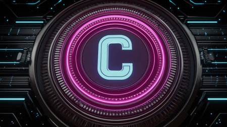 An illuminated letter C is centrally featured within a circular, metallic design. The image showcases neon pink and blue lighting, complemented by a textured, mechanical aesthetic. This visually engaging composition, possibly suggesting digital or technological themes, could be utilized in various advertising or editorial contexts.の素材