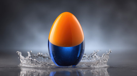 A close-up captures an abstract, egg-shaped object with an orange top and blue base, surrounded by a splash of water. The reflective surface and dark background create a high-contrast visual. This composition utilizes dynamic lighting and textures. Suitable for illustrating concepts or as a design element in various applications.の素材