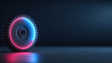 A close-up captures a gear with a vibrant neon light. The cool color palette features blue and red accents, set against a dark, minimalist background. This image showcases a modern aesthetic, suitable for illustrating technological advancements or industrial themes. Ideal for use in marketing or design projects.の素材
