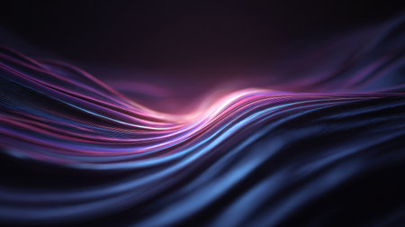 Dynamic composition showcases smooth, flowing lines of color against a dark background. The artwork features gradients of purple and blue with a subtle light source, creating a sense of depth and movement. Suitable for digital design projects, background elements, and creative visual content.の素材