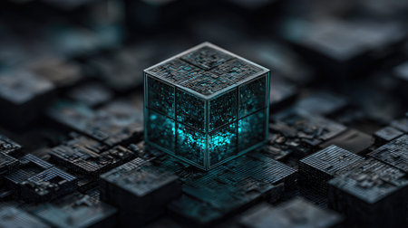 An illuminated cube features a glowing core, set against a backdrop of interconnected digital components. The composition showcases cool tones, textured surfaces, and a sharp focus, creating a modern and futuristic aesthetic. Suitable for illustrations related to innovation, data, or artificial intelligence applications. The image can be used for various commercial projects.の素材