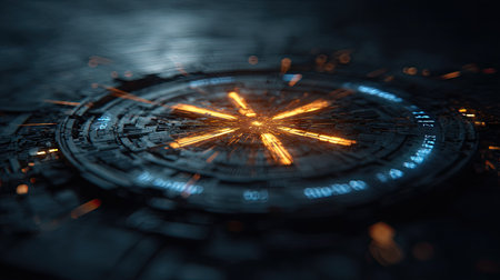 A close-up view presents a futuristic circular design, illuminated by bright orange and blue lights. The object exhibits a metallic texture and intricate details, suggesting advanced technology. The composition uses depth of field to draw attention. Ideal for illustrating technological advancements or digital projects.の素材
