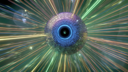 A digital illustration presents a detailed sphere encompassed by streaks of radiant light. The artwork showcases a predominantly blue and green color scheme, with illuminated textures and radial composition. This image suits creative projects and can be employed in various digital contexts to create a modern aesthetic.の素材