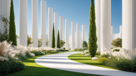 An inviting path winds through a manicured garden lined with tall white columns. The scene features lush green grass, vibrant trees, and decorative plants. The bright sunlight illuminates the setting, creating strong shadows and highlighting the architectural details. This image is suitable for various design, advertising, or editorial purposes.の素材