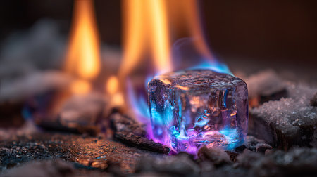 An ice cube glows with vibrant blue and purple hues amid burning embers. Bright orange flames dance around it, creating a striking contrast against the dark background. The composition features a close-up perspective, highlighting the textures of the wood and ice. Suitable for concepts of transformation, energy, and abstract visual representations.の素材