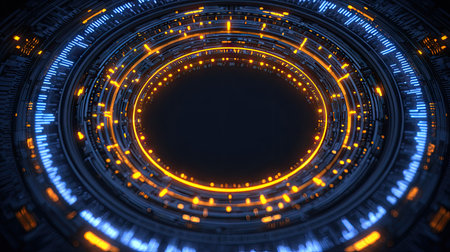 An abstract digital design features concentric circular structures in shades of blue and orange, creating a high-tech visual. The composition showcases intricate details, suggesting data streams or technological processes. Ideal for editorial or commercial purposes related to technology and futuristic concepts. The background is dark, emphasizing the glowing elements.の素材