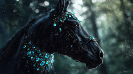 A close-up view depicts a majestic black horse adorned with sparkling blue gemstones. The art piece showcases a detailed illustration style, featuring rich textures and dramatic lighting. The background suggests a lush forest environment with a soft, diffused ambiance, suitable for various artistic and commercial purposes.の素材