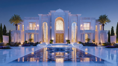 This image features a large, luxurious mansion, likely constructed with modern architectural techniques. The color palette primarily uses cool tones with illuminated accents, suggesting a nighttime or twilight setting. The composition is symmetrical, focusing on the building's facade and reflecting pool. The photo is suitable for illustrating real estate, design, and luxury lifestyle concepts.の素材