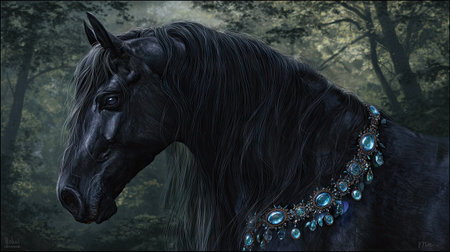 This image features a majestic black horse adorned with a decorative necklace. The horse is captured in a close-up against a blurred forest background, characterized by dark tones and subtle lighting. The overall style suggests a fantasy or artistic rendering, suitable for various editorial and promotional applications.の素材