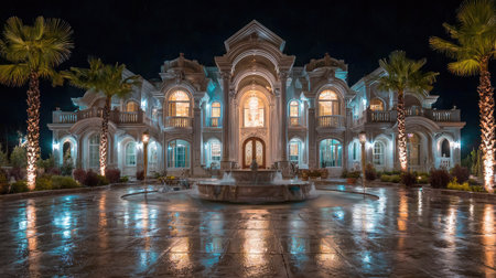 A grand mansion, brightly illuminated, is captured at night. The architecture showcases ornate details with soft lighting casting a warm glow. The reflection of the building and its lights shimmer on a wet surface. This image is ideal for use in architectural projects, real estate promotion, or luxury lifestyle content.の素材