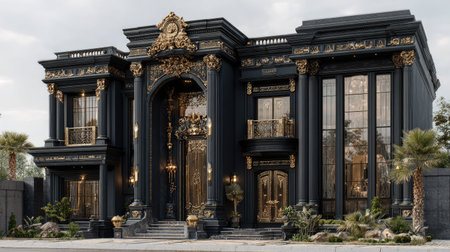 An opulent mansion features a dark exterior with gold accents. The building showcases classical architectural elements, including columns, arches, and intricate ornamentation. Large windows offer views of the surroundings. This image could be used for illustrations related to luxury real estate, design, or editorial features.の素材