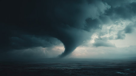 A waterspout, a rotating column of air, dominates the seascape, emerging from dark, turbulent clouds. The image features a stormy atmosphere with shades of gray and blue. The composition highlights the power of nature. Suitable for various editorial and commercial applications related to weather and natural phenomena.の素材