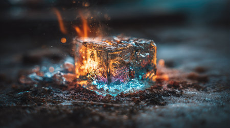 A close-up captures a translucent cube engulfed in flames and vibrant light. The composition features a shallow depth of field, emphasizing the fiery subject. The contrasting tones of orange, blue, and brown create a striking visual impact. This image is suitable for artistic, conceptual, or design applications.の素材