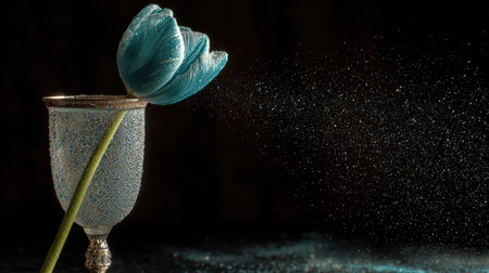 A striking image presents a delicate blue tulip gracefully positioned within an ornate glass filled with water droplets. The composition is set against a stark, dark background, emphasizing the flower's form and color. The lighting creates a dramatic effect, suitable for various editorial and commercial applications.の素材
