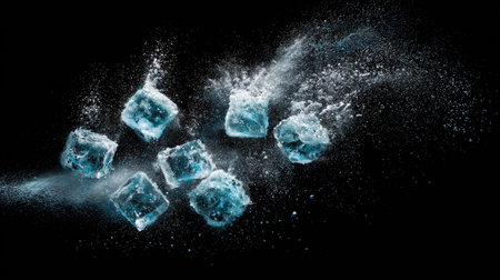 This image showcases several translucent ice cubes suspended against a black background. The cubes are illuminated, creating a contrast with the dark backdrop and a sense of depth. This composition, with its high-key lighting, could be suitable for various advertising or editorial purposes related to beverages or freshness.の素材