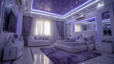 An interior shot showcases a bedroom featuring contemporary design elements. The scene presents a bed, sofa, and other furniture illuminated by cool-toned lighting. The composition and color palette suggest a focus on aesthetics and creating a relaxing environment. Suitable for architectural, interior design, or lifestyle publications.の素材