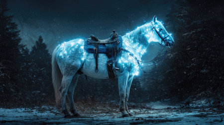 A radiant horse, illuminated with bright blue light, stands saddled in a mysterious forest. The artistic rendering highlights the animal's form against a darkened backdrop, suggesting a night scene. This image could be used for fantasy themes, illustrative purposes, or creative projects without specific limitations.の素材