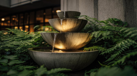 An outdoor fountain features multiple tiers, with water gracefully flowing downwards. The scene is bathed in warm light, highlighting the texture of the stone bowls. Surrounding the fountain is an abundance of green foliage, suggesting a garden or public space. This image could be used for various design, decorative, or environmental purposes.の素材