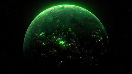 A vibrant green planet is illuminated against a stark black background. The image showcases a celestial body with bright, glowing features, suggesting energy or life. The overall aesthetic is dark, with the planet as the focal point. This image could be used for science fiction, educational materials, or thematic illustrations.の素材