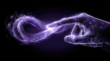 An artistic representation features a hand interacting with a glowing infinity symbol formed by swirling energy. The image showcases a dark backdrop, enhancing the vibrant purple hues of the symbol and surrounding particles. This visual could be used in various commercial applications requiring a symbolic or conceptual element.の素材