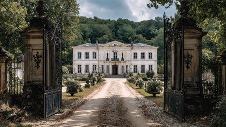 A stately mansion is framed by elaborate wrought-iron gates, offering a view of the facade and manicured gardens. The image showcases classical architectural details, a symmetrical composition, and a path leading toward the building. It displays neutral tones and natural light, suitable for real estate or architectural publications.の素材
