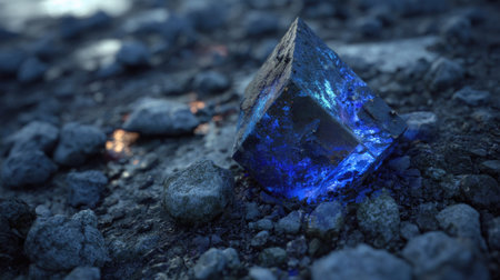 A close-up view presents a luminous blue cube resting on a bed of rough, gray rocks. The central subject glows brightly, contrasted against the darker, textured surroundings. The composition utilizes selective focus to highlight the cube, with soft, natural lighting. Suitable for artistic and illustrative purposes, and potentially for conceptual visual communication.の素材
