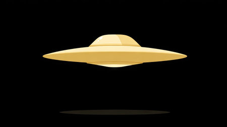 A golden, disc-shaped object hovers against a stark black backdrop. It presents a smooth, rounded form with a shadow below. The minimalist style and dark environment suggest a sense of mystery. Potential uses include science fiction, space exploration, or conceptual designs, perfect for various creative applications.の素材